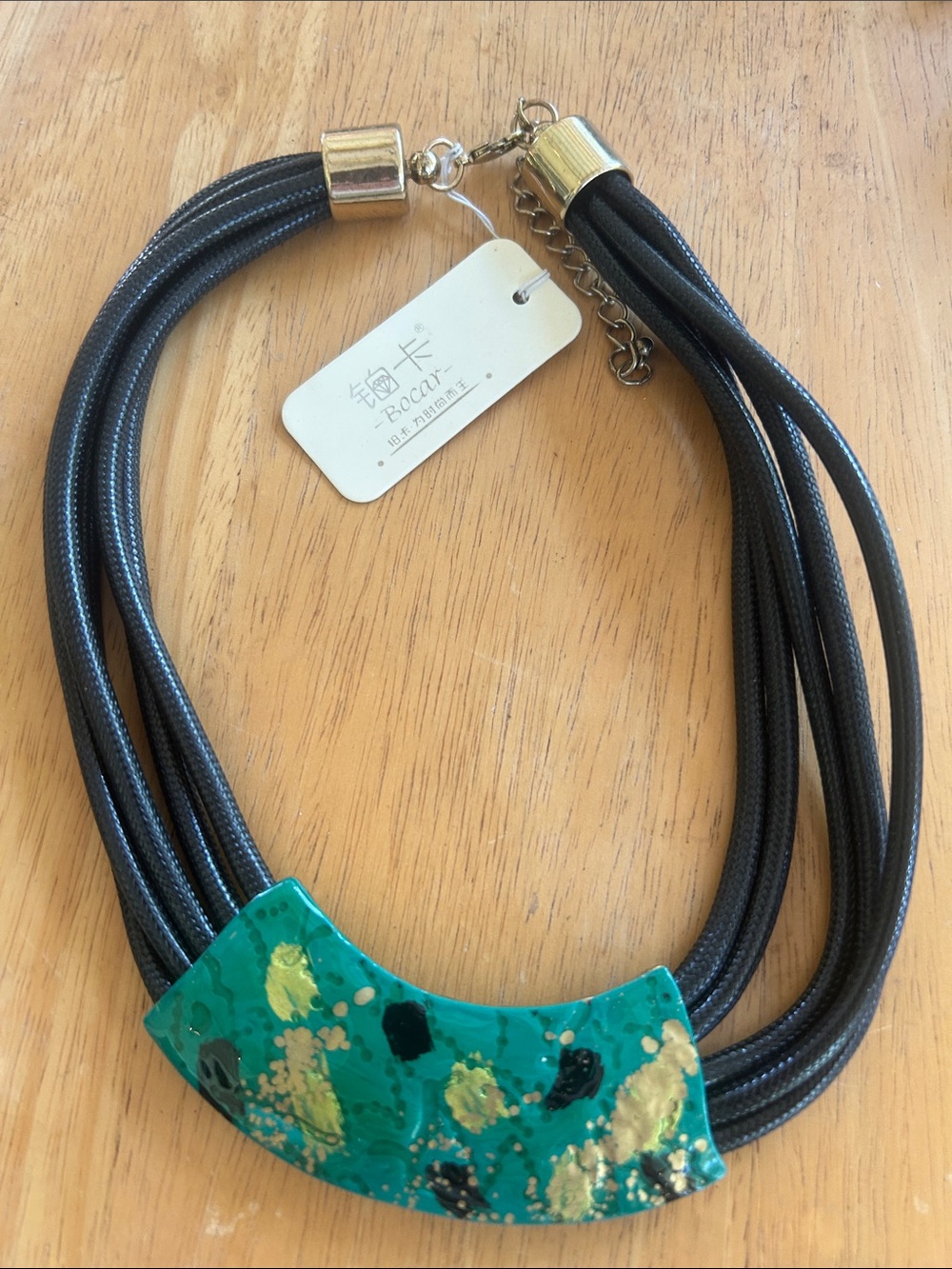 Bold Green and Gold Statement Necklace with Black Cord - Women Jewelry